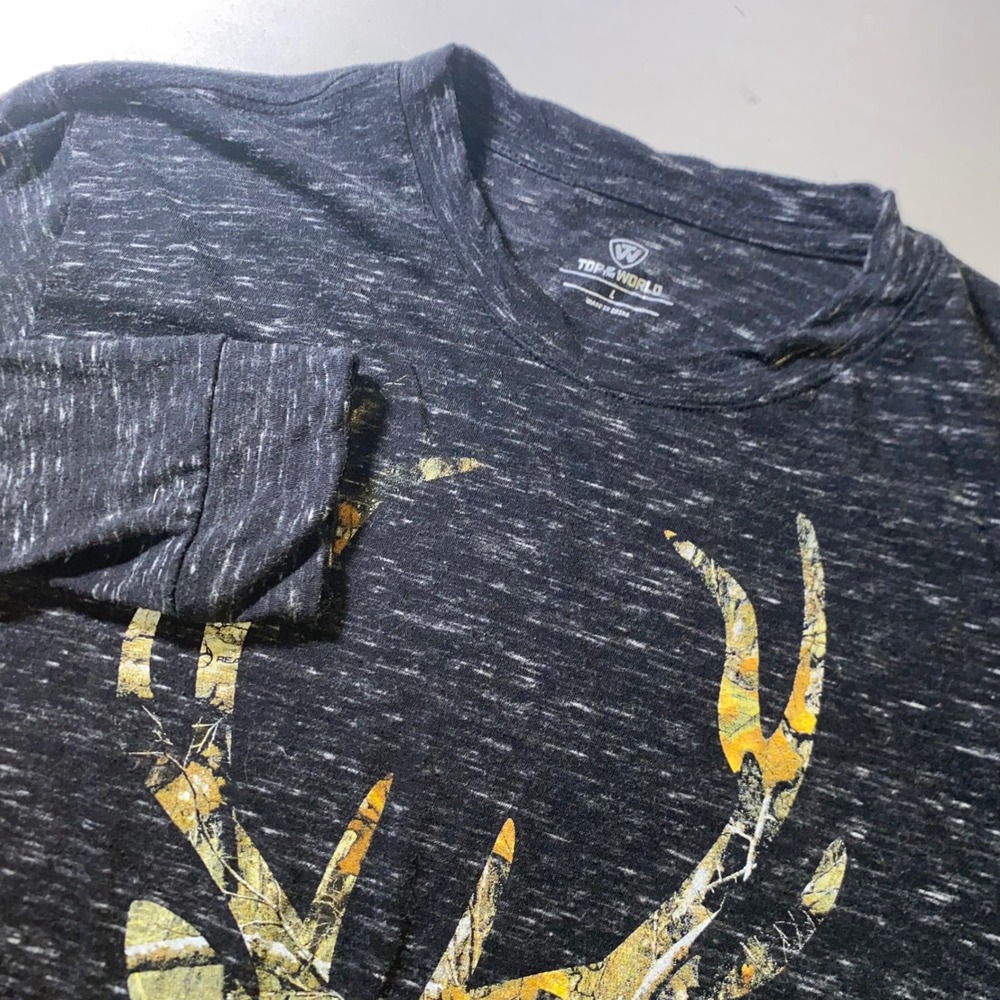 Top of the World Mens L Long Sleeve Space Dye Deer Antler Camo Graphic Tee Gray